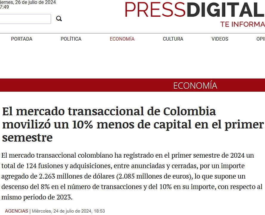 El mercado transaccional de Colombia moviliz un 10% menos de capital en el primer semestre